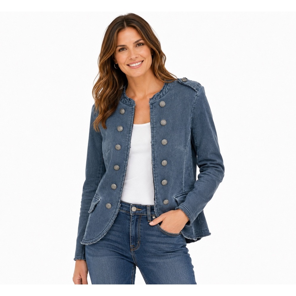 Yest Women Blue Military Jacket Crest Buttons Raw Edge Tailcoat Style Sz 12 NEW